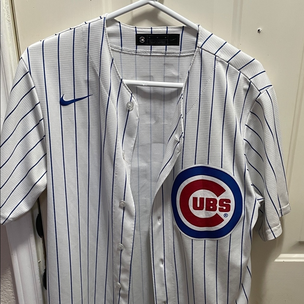 Nike White and Blue Pinstripe Cubs Jersey